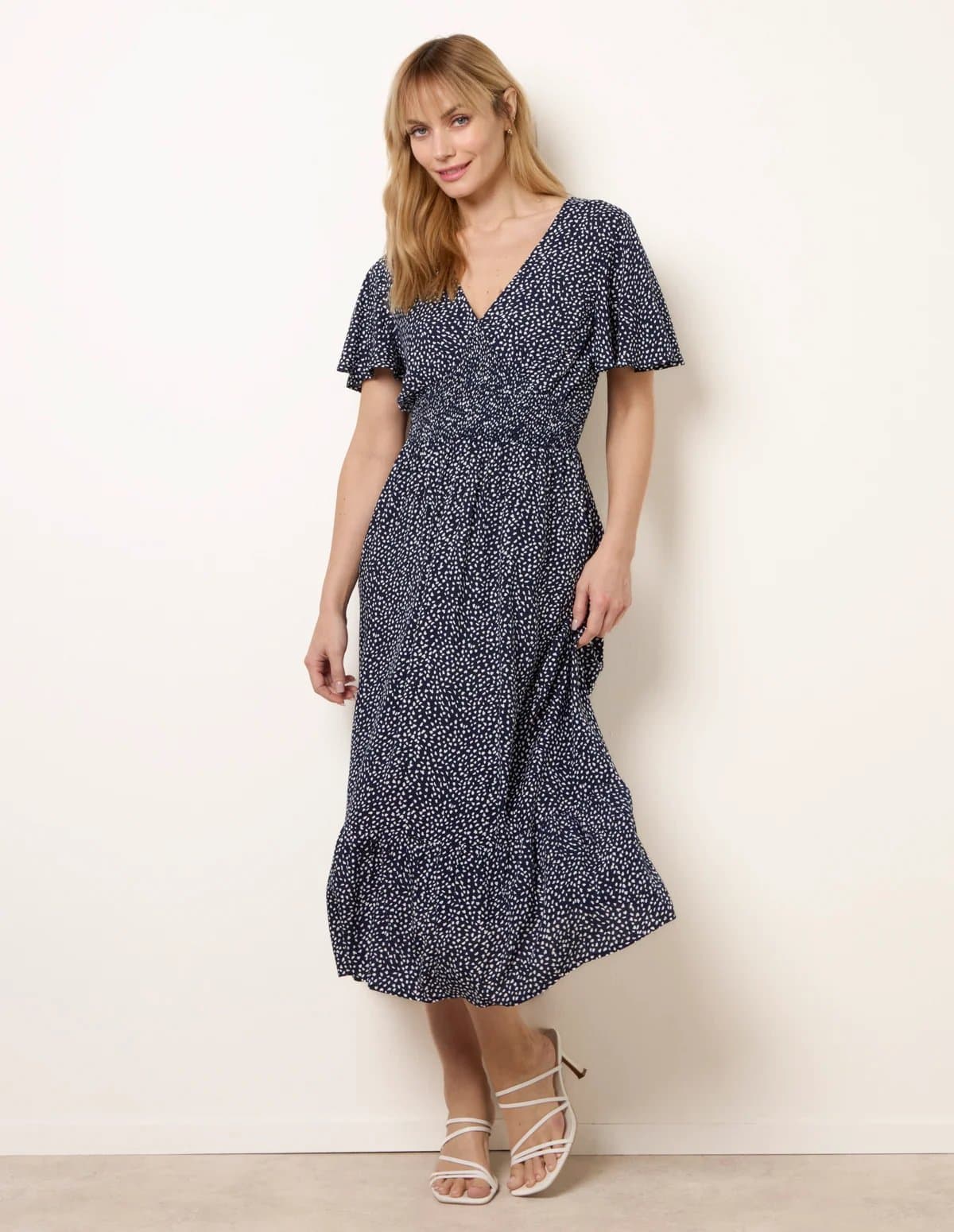 Blue Vanilla Angel Sleeve Shirred Waist Tier Hem Midi Dress