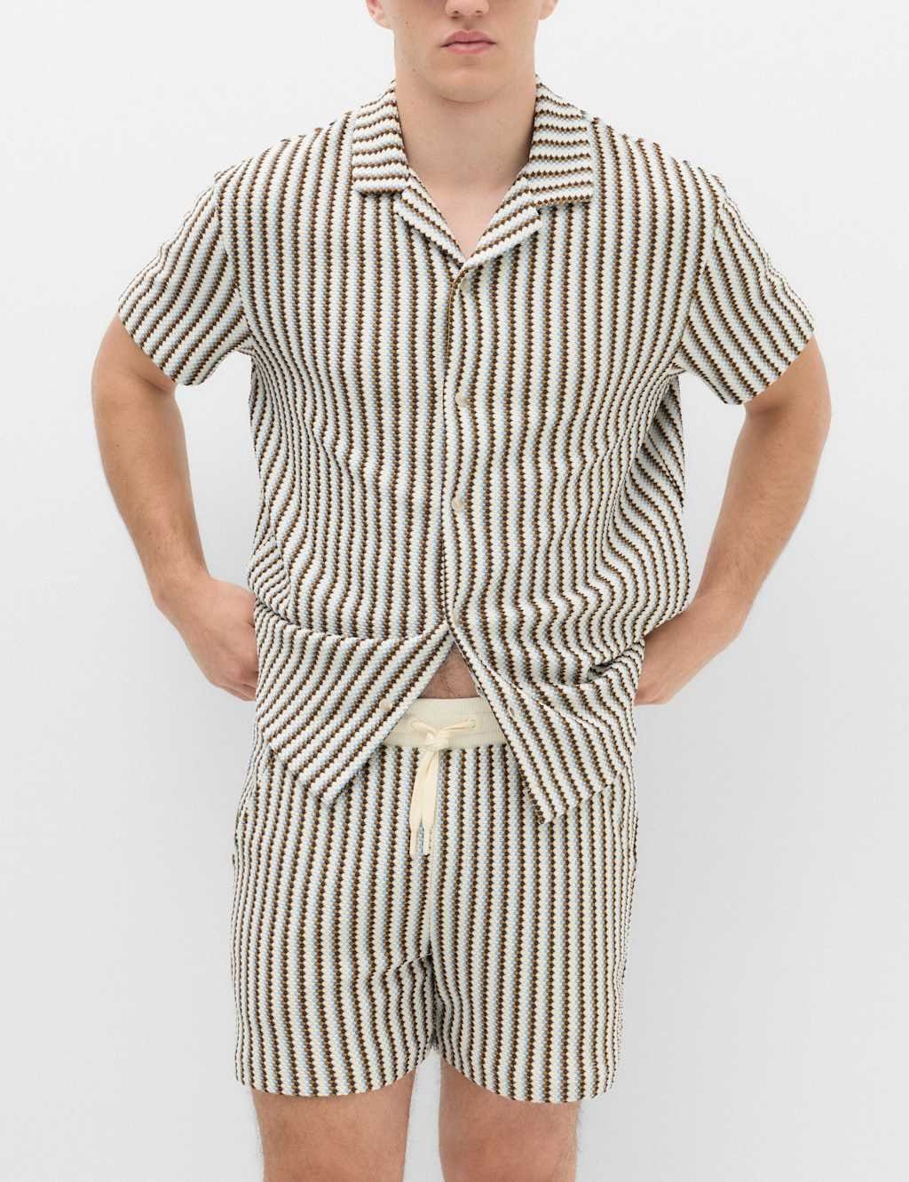 M&S Ecru Striped Knit Shorts In Textured Cotton Blend