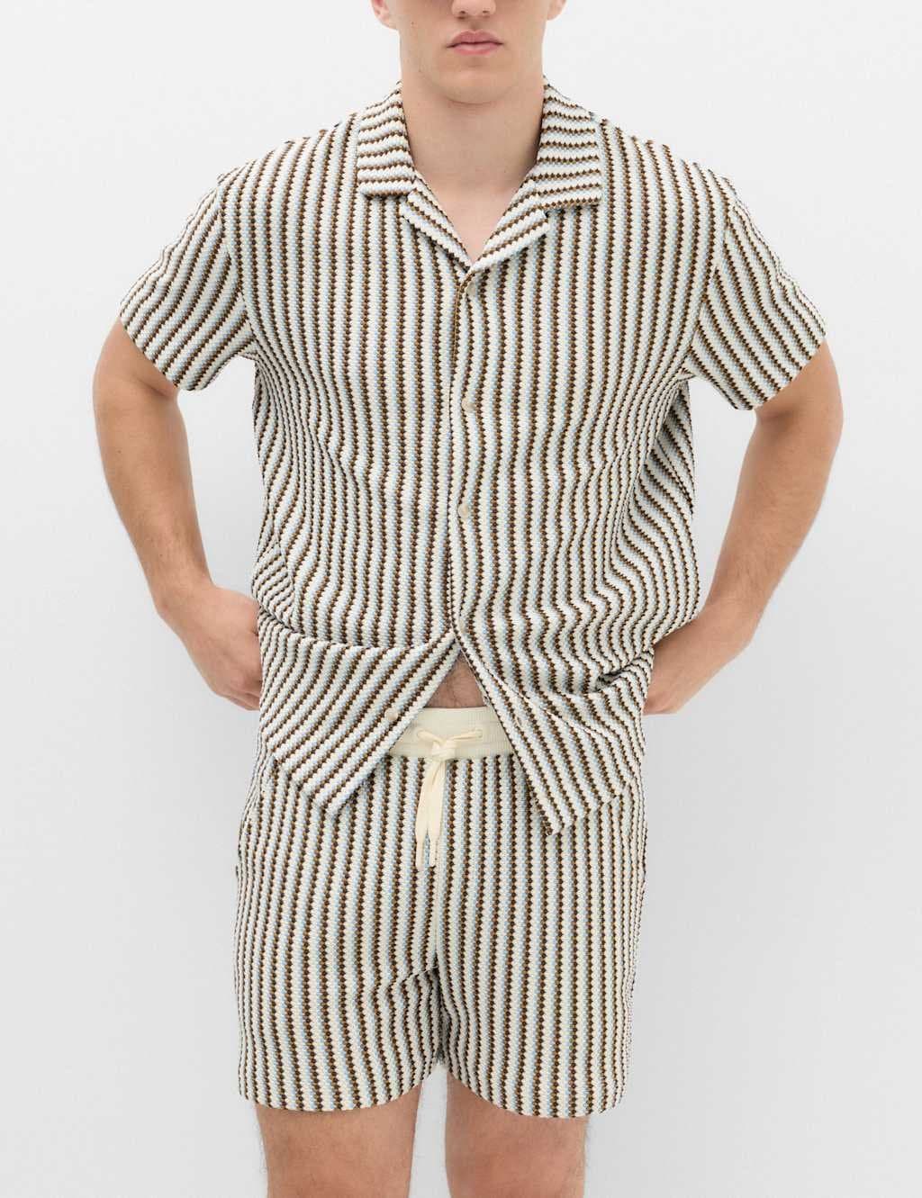 Marks & Spencer M&S Striped Knit Textured Cotton Blend Shorts Ecru