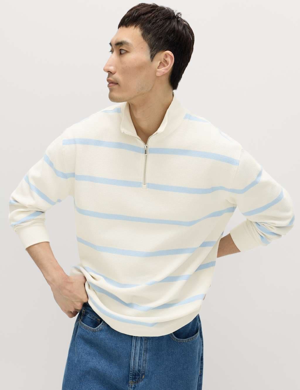 Marks & Spencer M&S Cotton Rich Waffle Striped Half Zip Sweatshirt Ecru