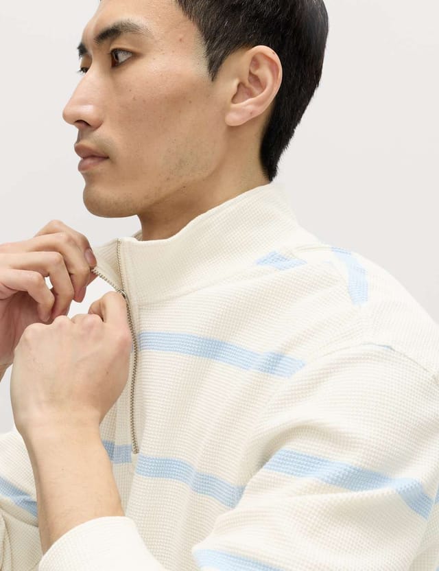 Marks & Spencer M&S Cotton Rich Waffle Striped Half Zip Sweatshirt Ecru - 2