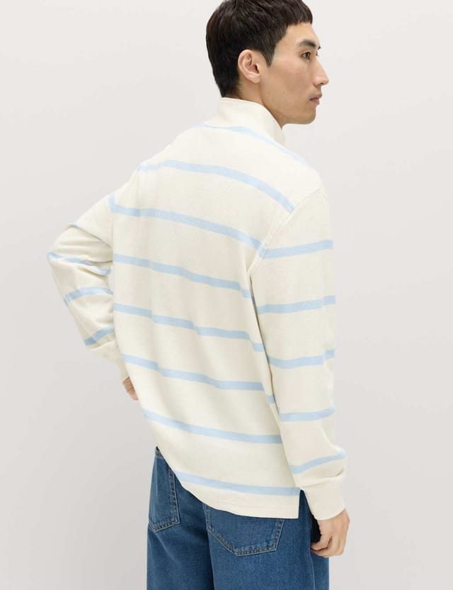 Marks & Spencer M&S Cotton Rich Waffle Striped Half Zip Sweatshirt Ecru - 3