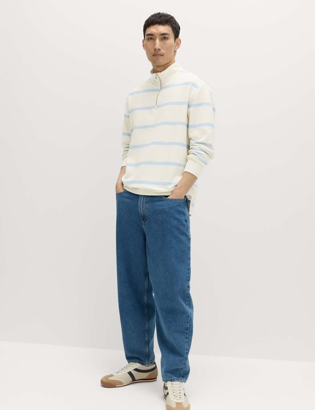 Marks & Spencer M&S Cotton Rich Waffle Striped Half Zip Sweatshirt Ecru - 4