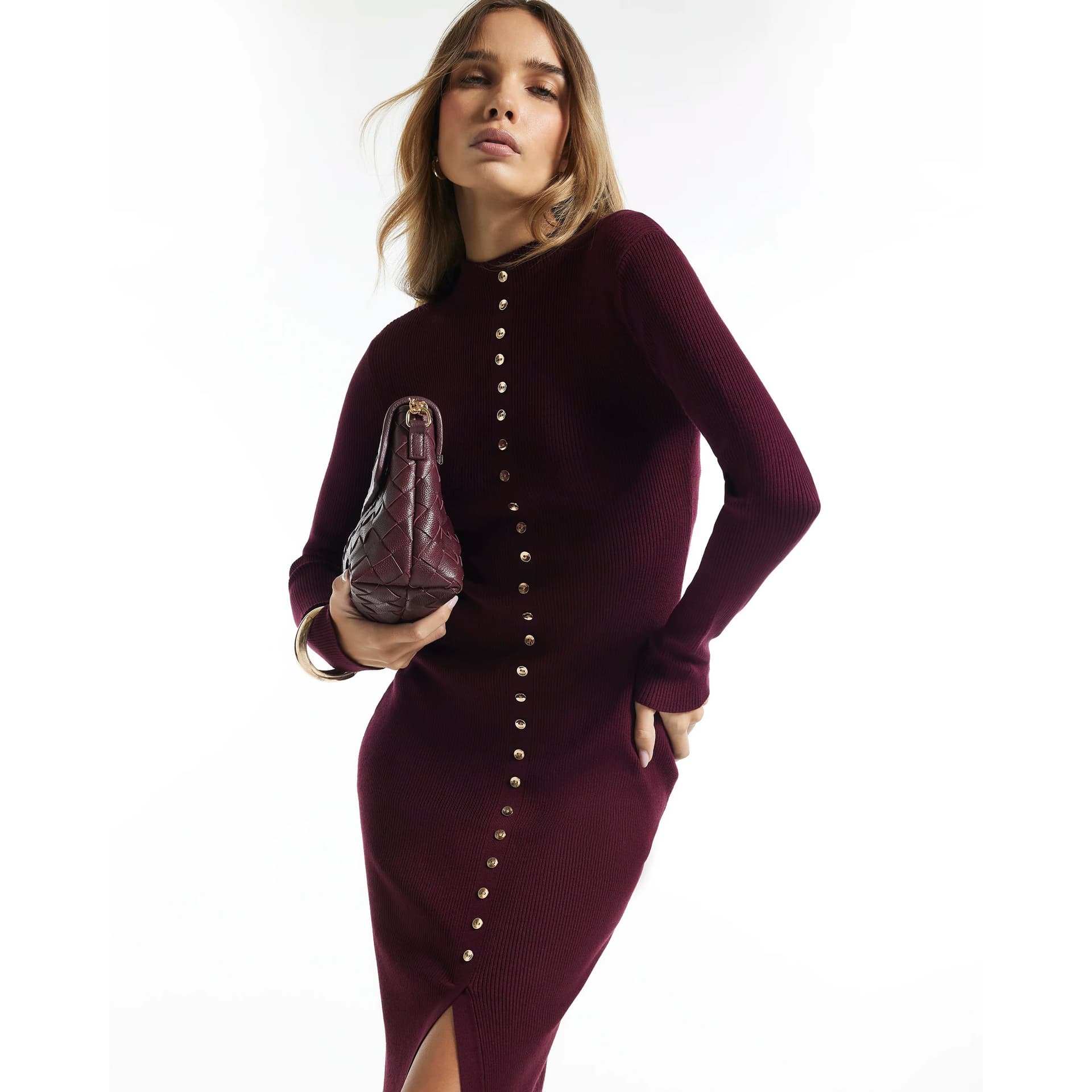River Island River Island Womens Burgundy Rib Knit Stacked Button Midi Dress