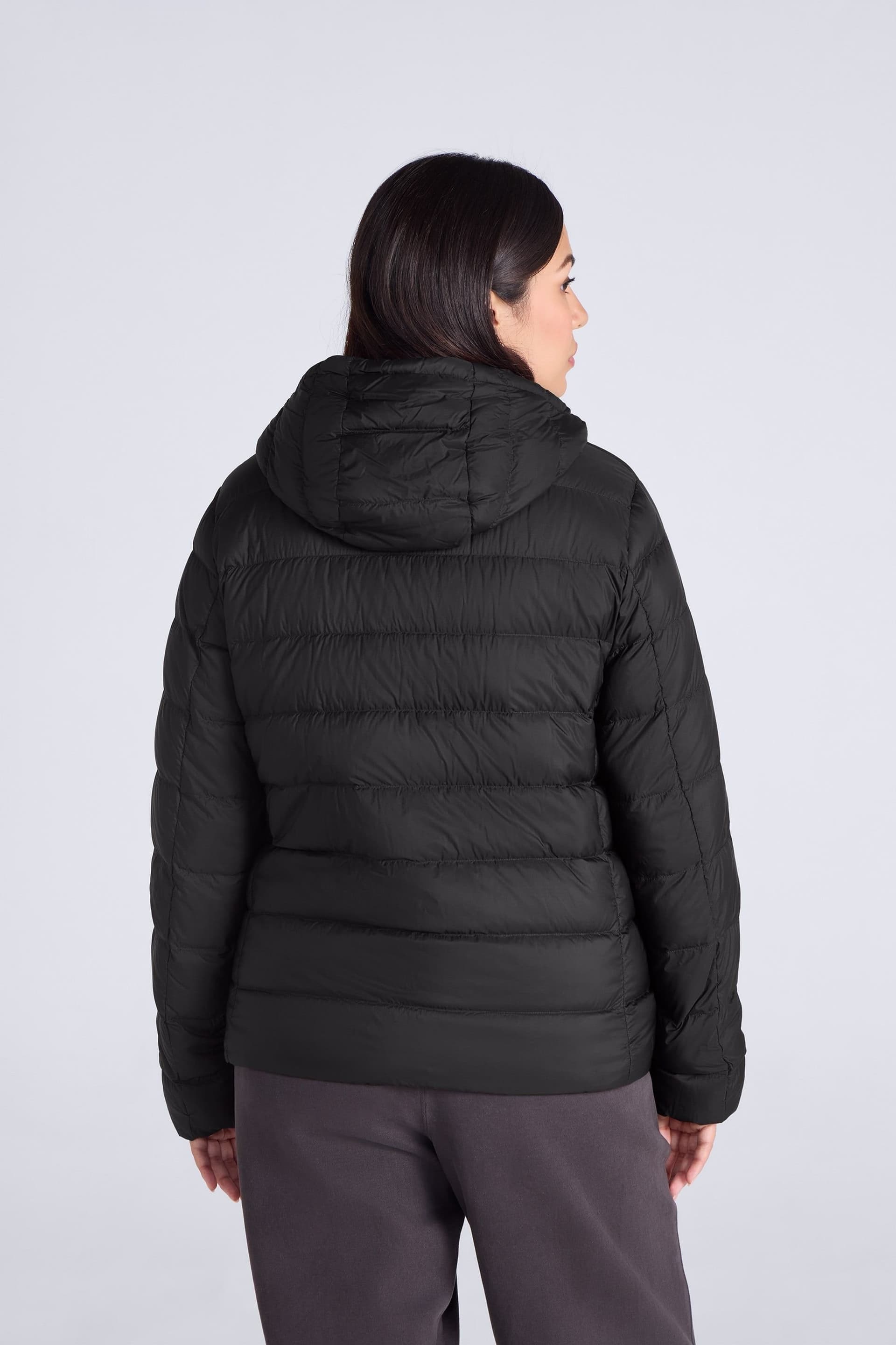 Animal Animal Women's Lightweight Water Resistant Packable Warm Hooded Puffer Down Jacket in Jet Black