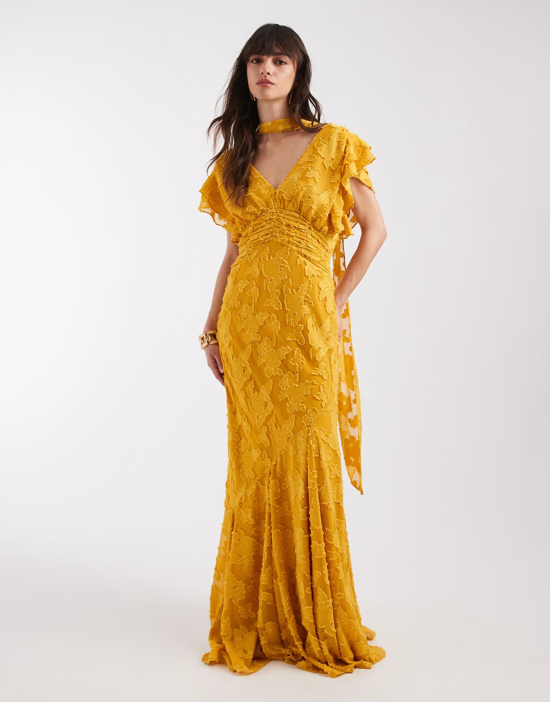 ASOS Pretty Lavish v neck frill jacquard godet maxi dress in ochre