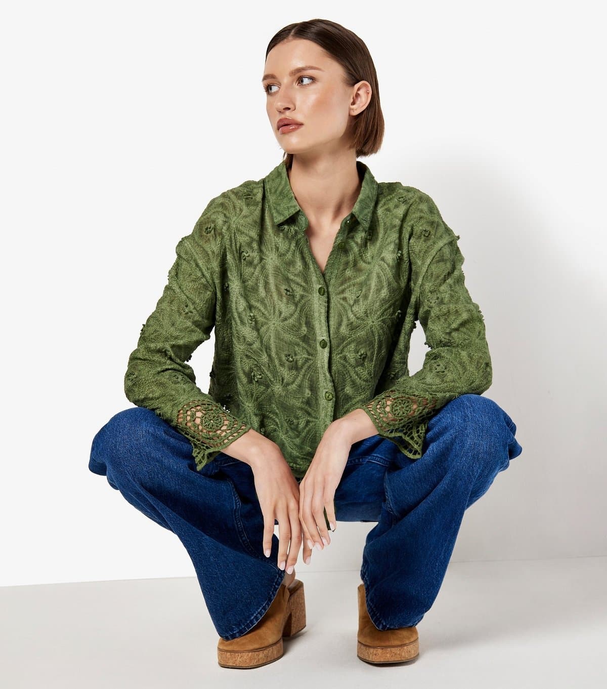 Apricot Women's Dark Khaki Textured Floral Crochet Blouse Apricot New Look