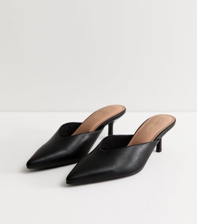 New Look Women's Black Faux Leather V-Cut Mules Vegan New Look - 3