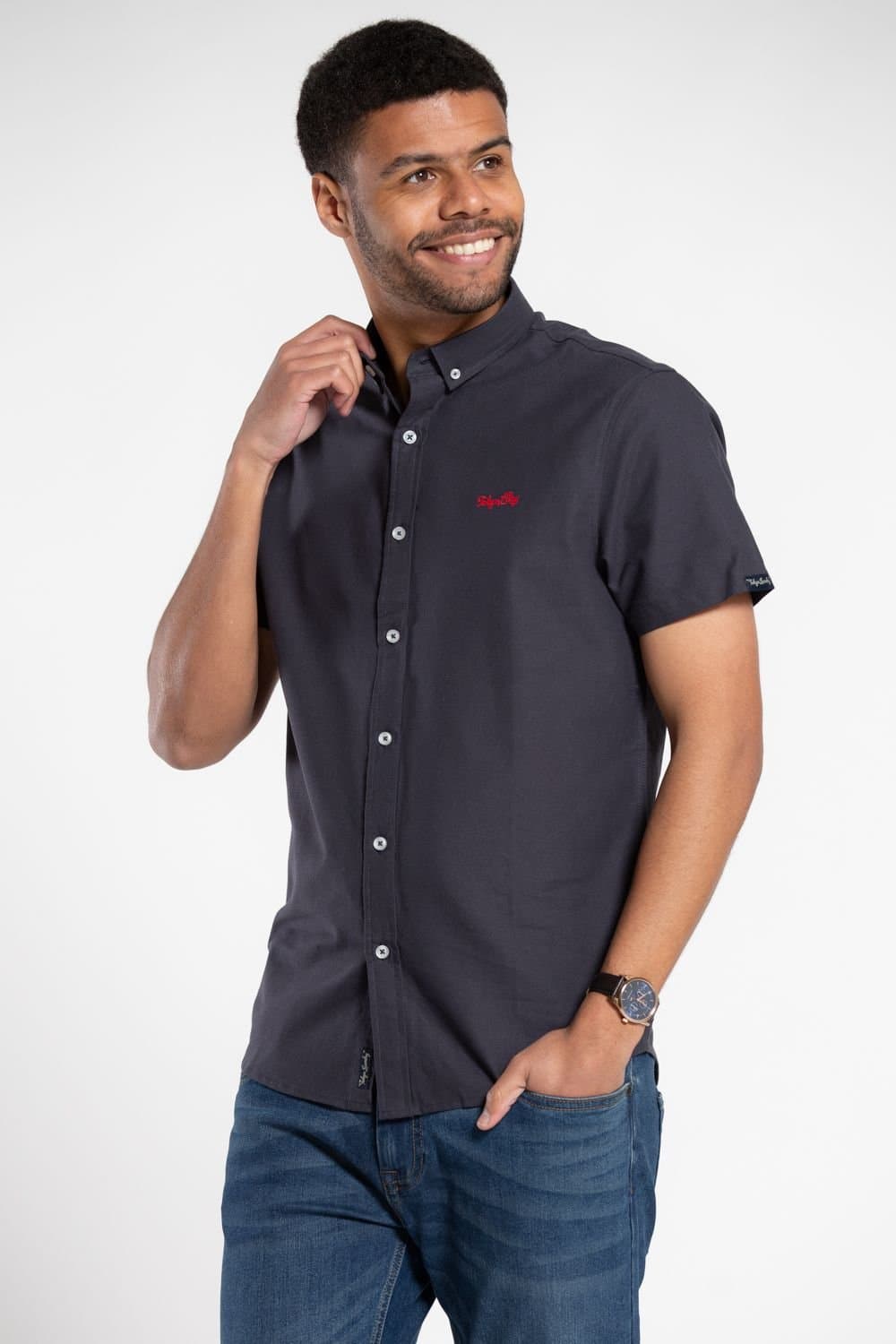 Tokyo Laundry Tokyo Laundry Men's Cotton Short Sleeved Button-Up Oxford Shirt in Navy