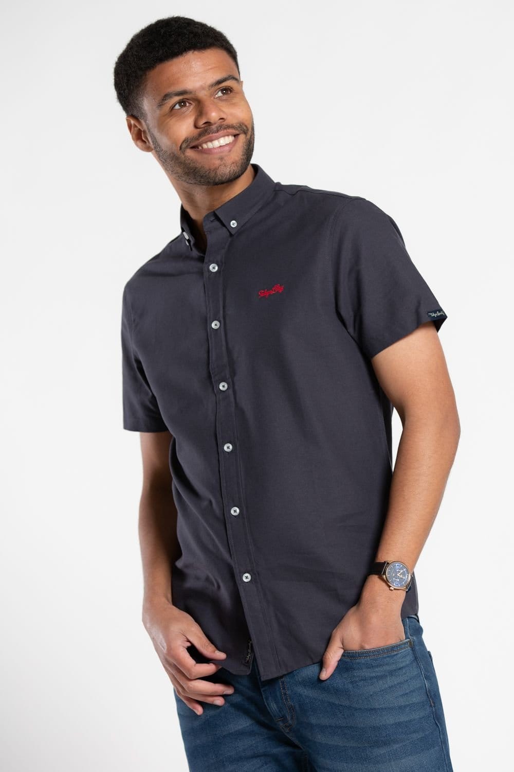 Tokyo Laundry Tokyo Laundry Men's Cotton Short Sleeved Button-Up Oxford Shirt in Navy - 4