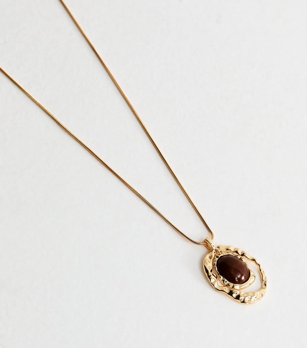 New Look Gold Tone Brown Long Beaten Oval Pendant Necklace New Look