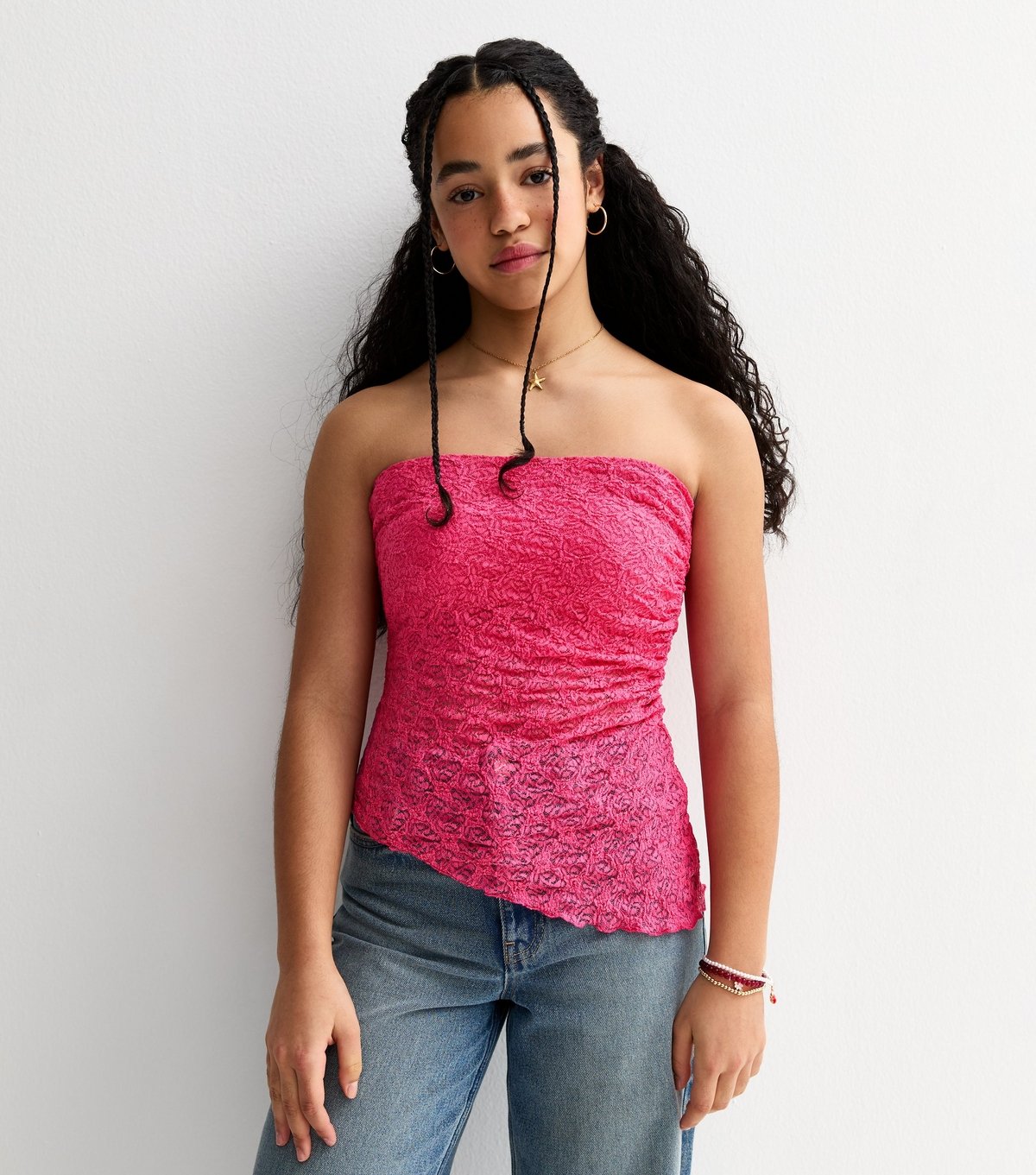 New Look Girls' Dark Pink Jersey Lace Asymmetric Bandeau Top New Look - 2