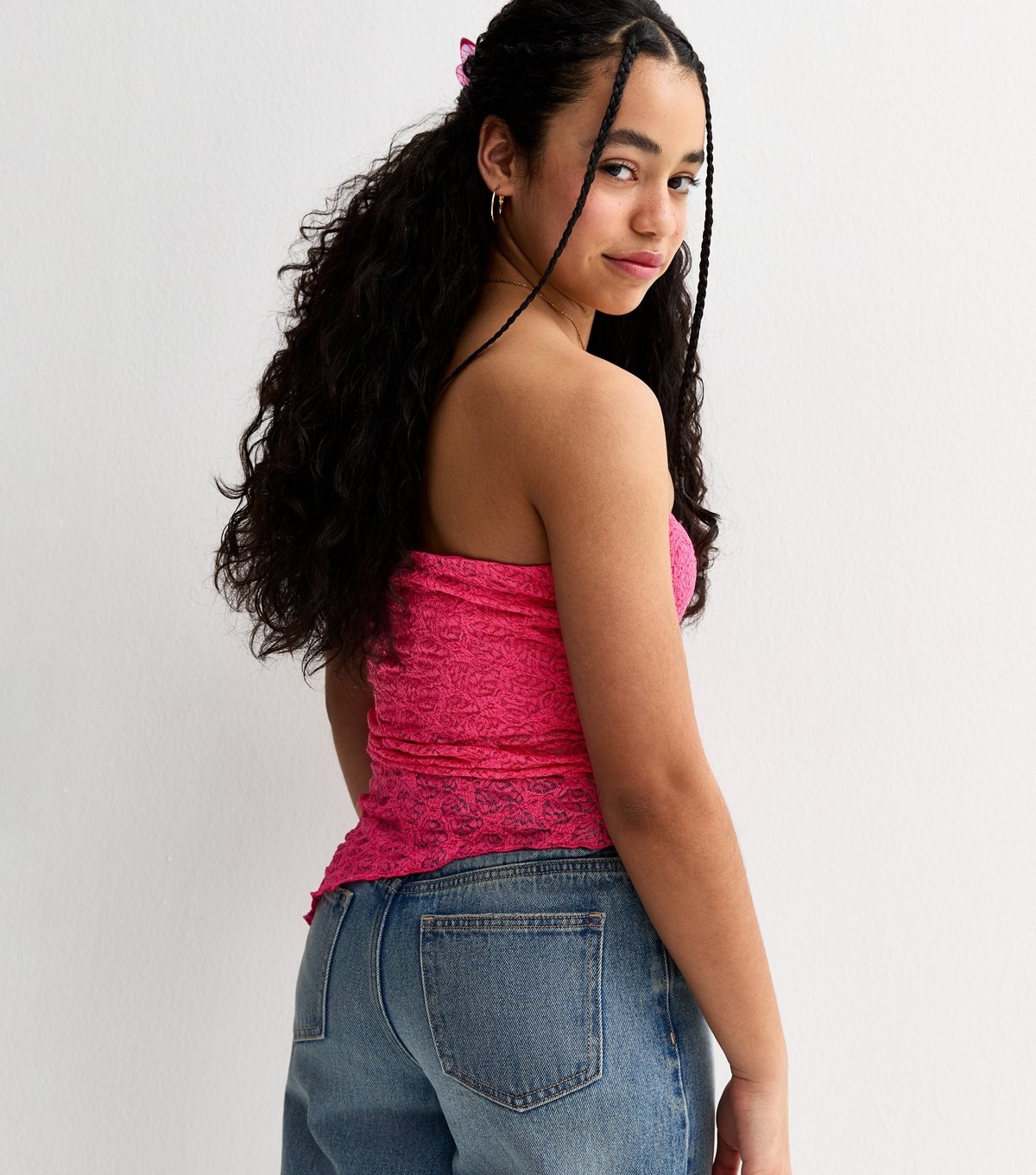 New Look Girls' Dark Pink Jersey Lace Asymmetric Bandeau Top New Look - 4