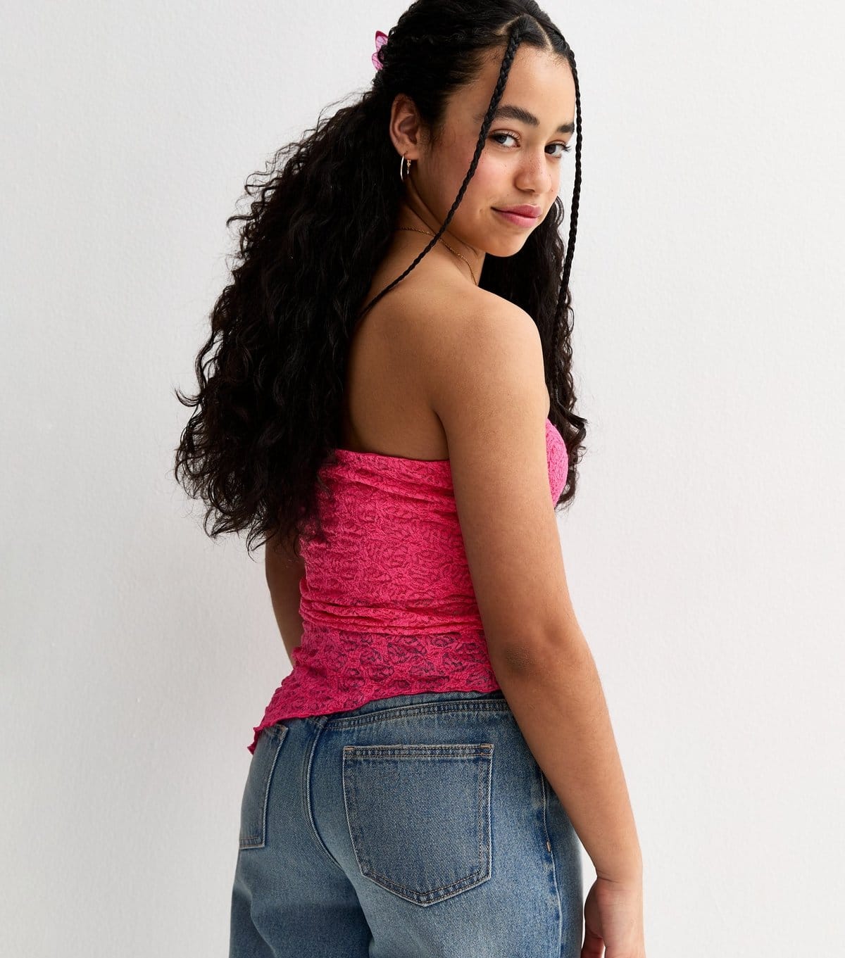 New Look Girls' Dark Pink Jersey Lace Asymmetric Bandeau Top New Look - 4