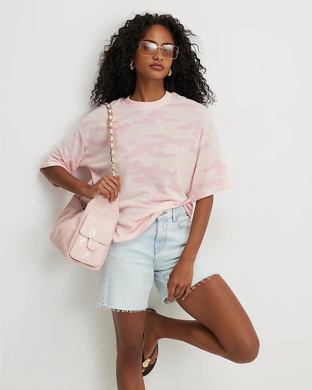 River Island River Island Womens Pink Camouflage Print Linen Blend T-Shirt
