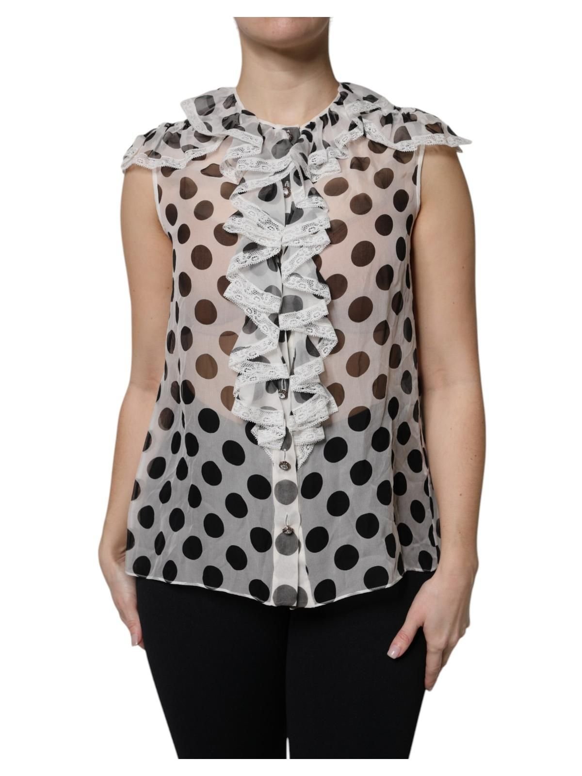 Dolce & Gabbana Dolce & Gabbana Women's White Black Polka Dot Cotton Sleeveless Top in True Black - 2
