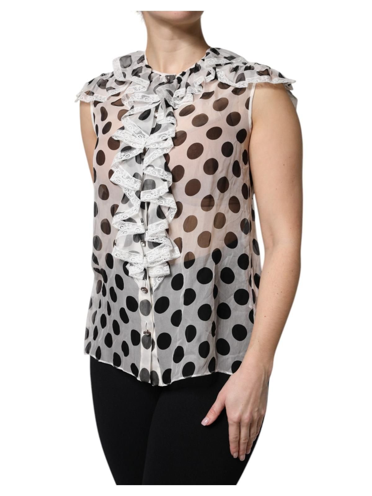 Dolce & Gabbana Dolce & Gabbana Women's White Black Polka Dot Cotton Sleeveless Top in True Black - 3