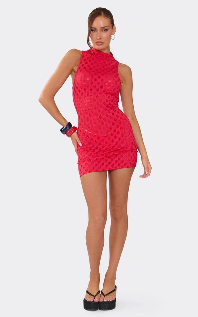 EGO High Neck Sleeveless Beach Dress In Red Texture, Women's Size UK 6 - 2