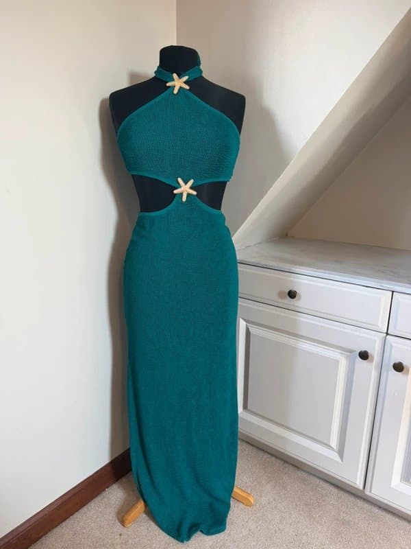 Moda Minx Moda Minx Seashell Shores Forest Green Starfish Teal Green Scrunch Maxi Dress Size M/L 12-14
