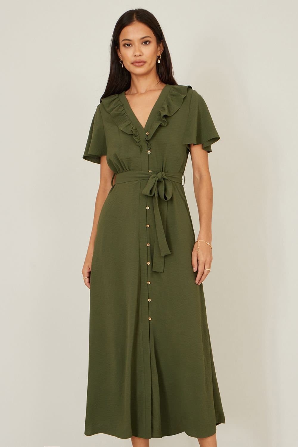 Yumi Yumi Women's Green Ruffle Collar Midi Shirt Dress