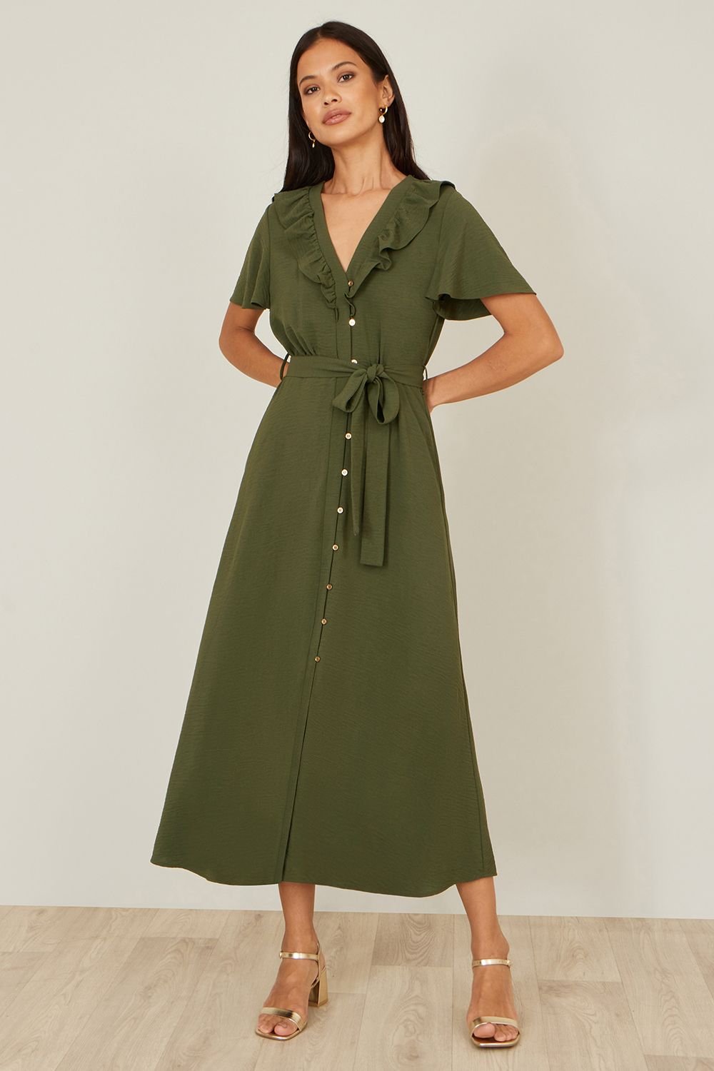 Yumi Yumi Women's Green Ruffle Collar Midi Shirt Dress - 2