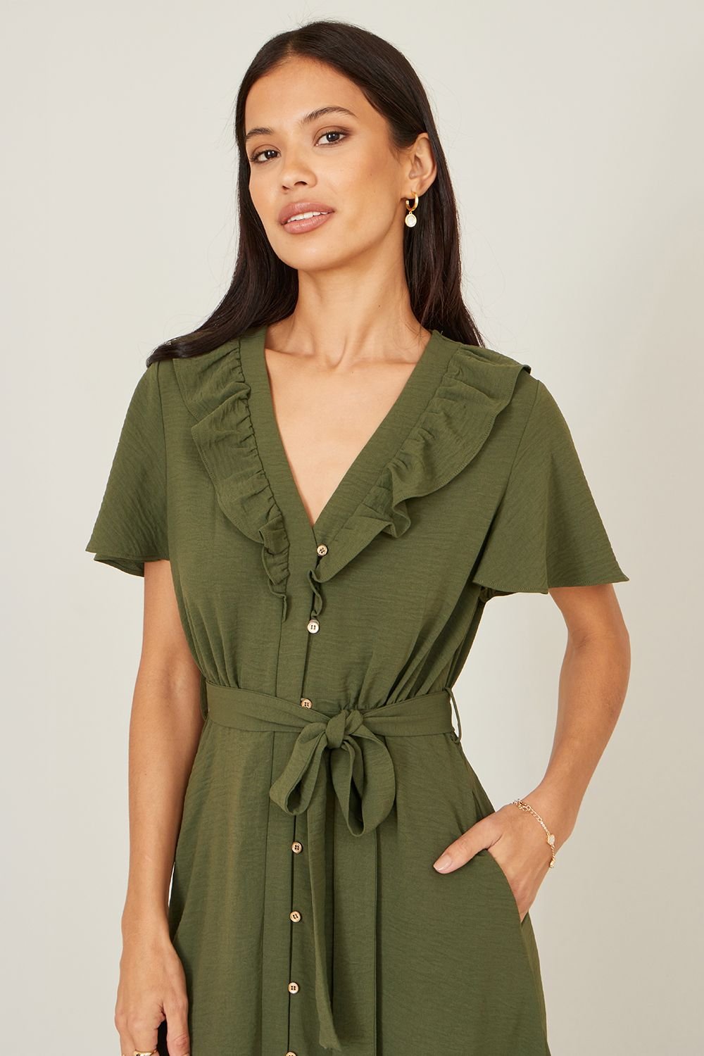 Yumi Yumi Women's Green Ruffle Collar Midi Shirt Dress - 4