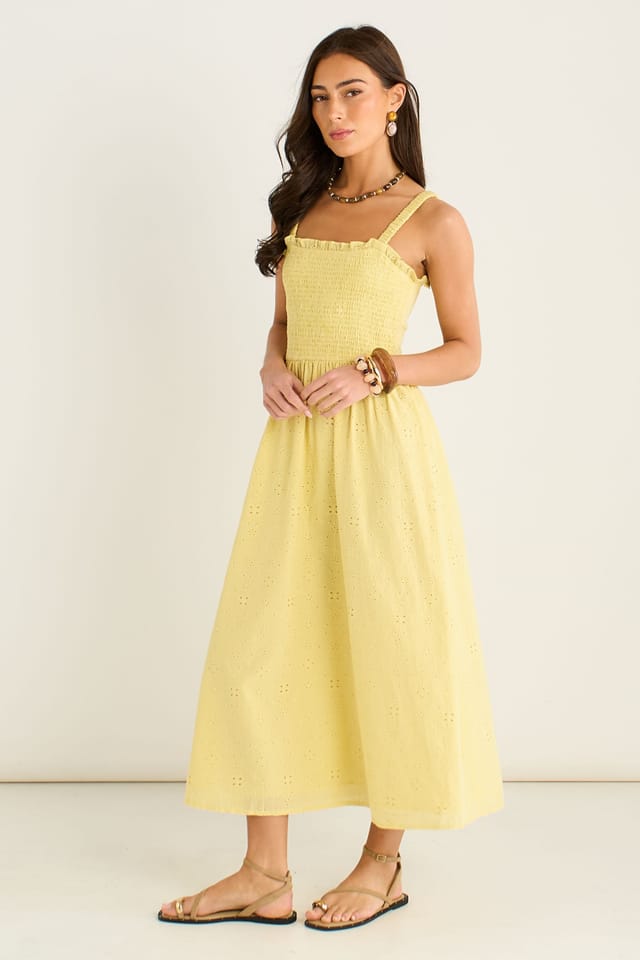 Gini London Gini London Women's Yellow Embroidered Shierred Bodice Sun Dress - 3