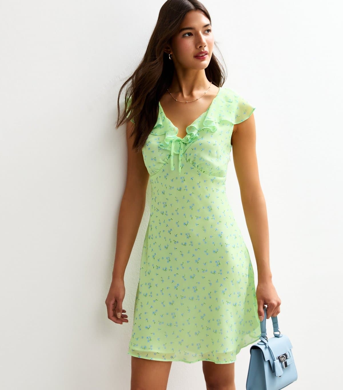 New Look Women's Green Ditsy Print Ruffle Trim Chiffon Mini Dress New Look