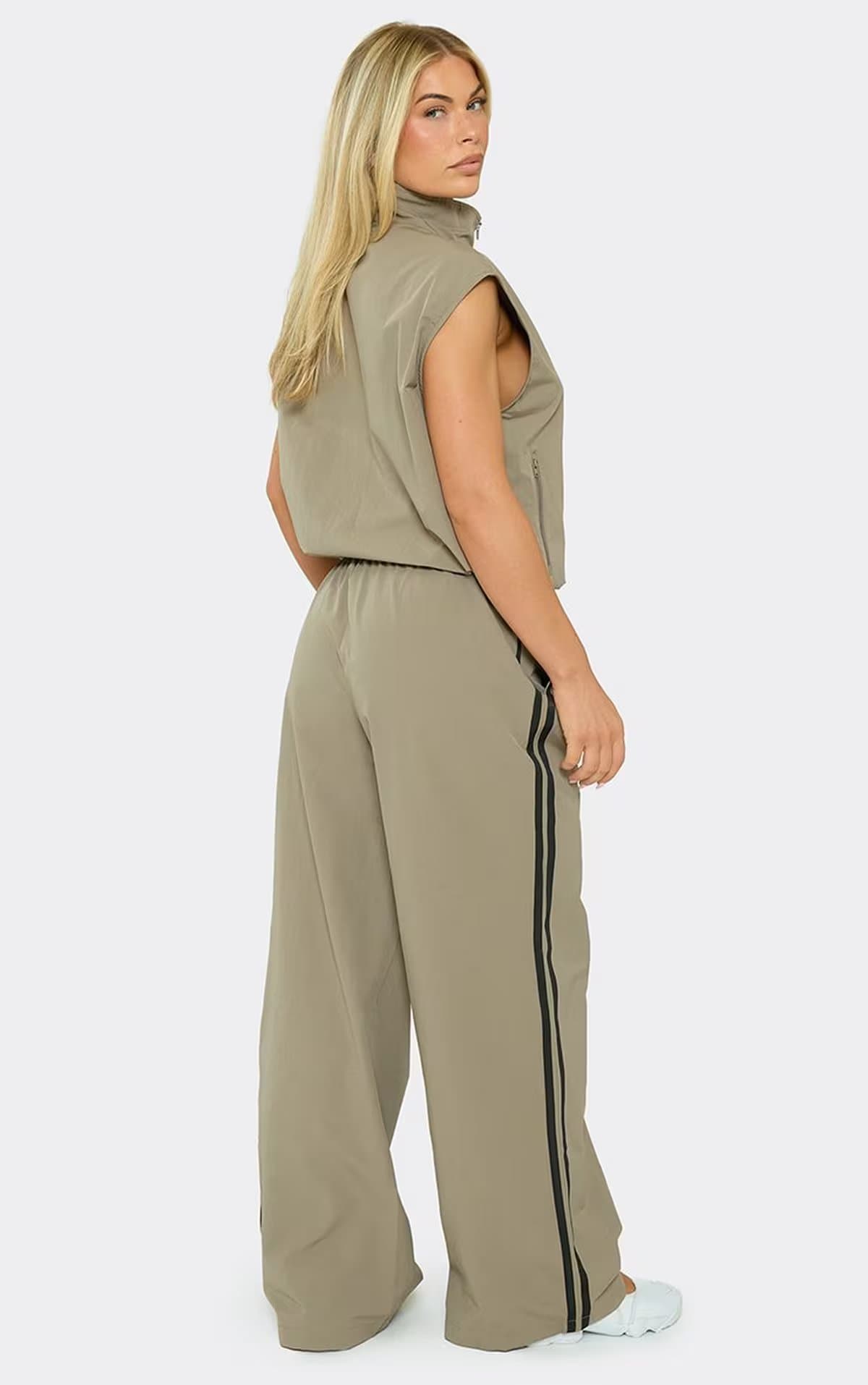 EGO Low Rise Side Stripe Straight Leg Trousers In Taupe Shell, Women's Size UK 6