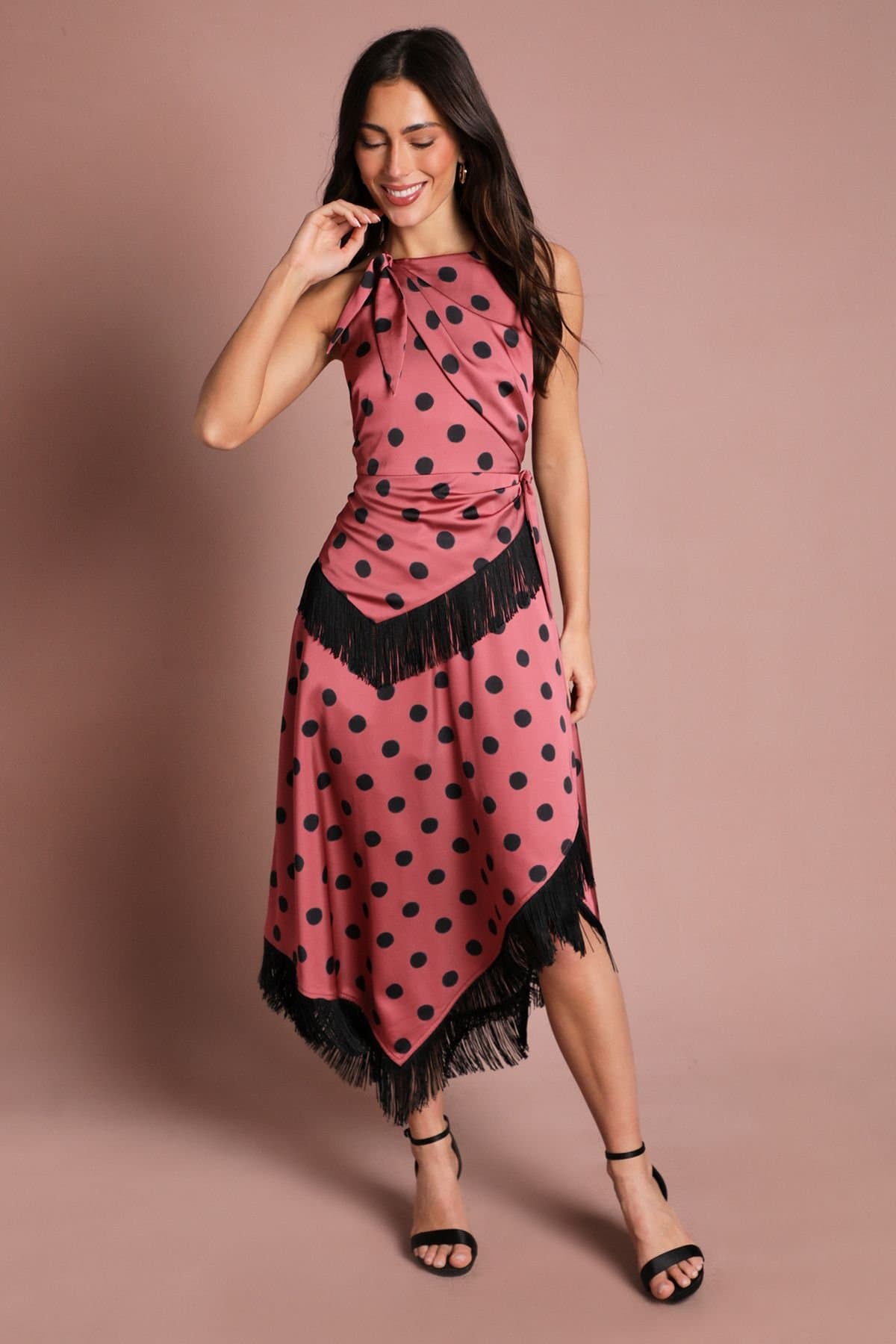 Coast Coast Women's Halter Neck Polka Dot Fringe Satin Midi Dress in Pink