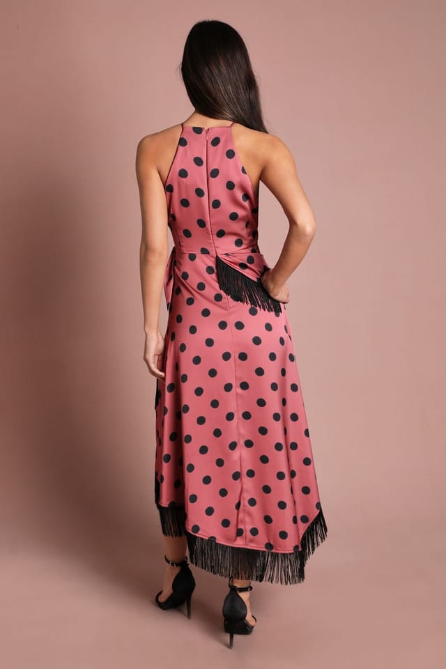 Coast Coast Women's Halter Neck Polka Dot Fringe Satin Midi Dress in Pink - 3