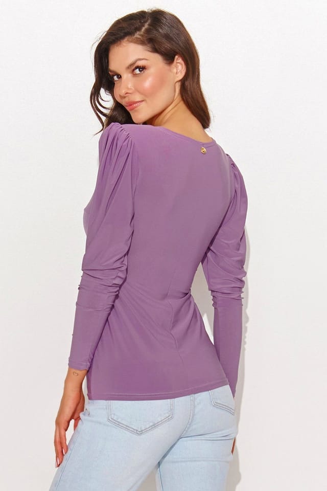 Love Lace Love Lace Women's Fitted V Neck Blouse With Puff Sleeves Detail in Violet - 3