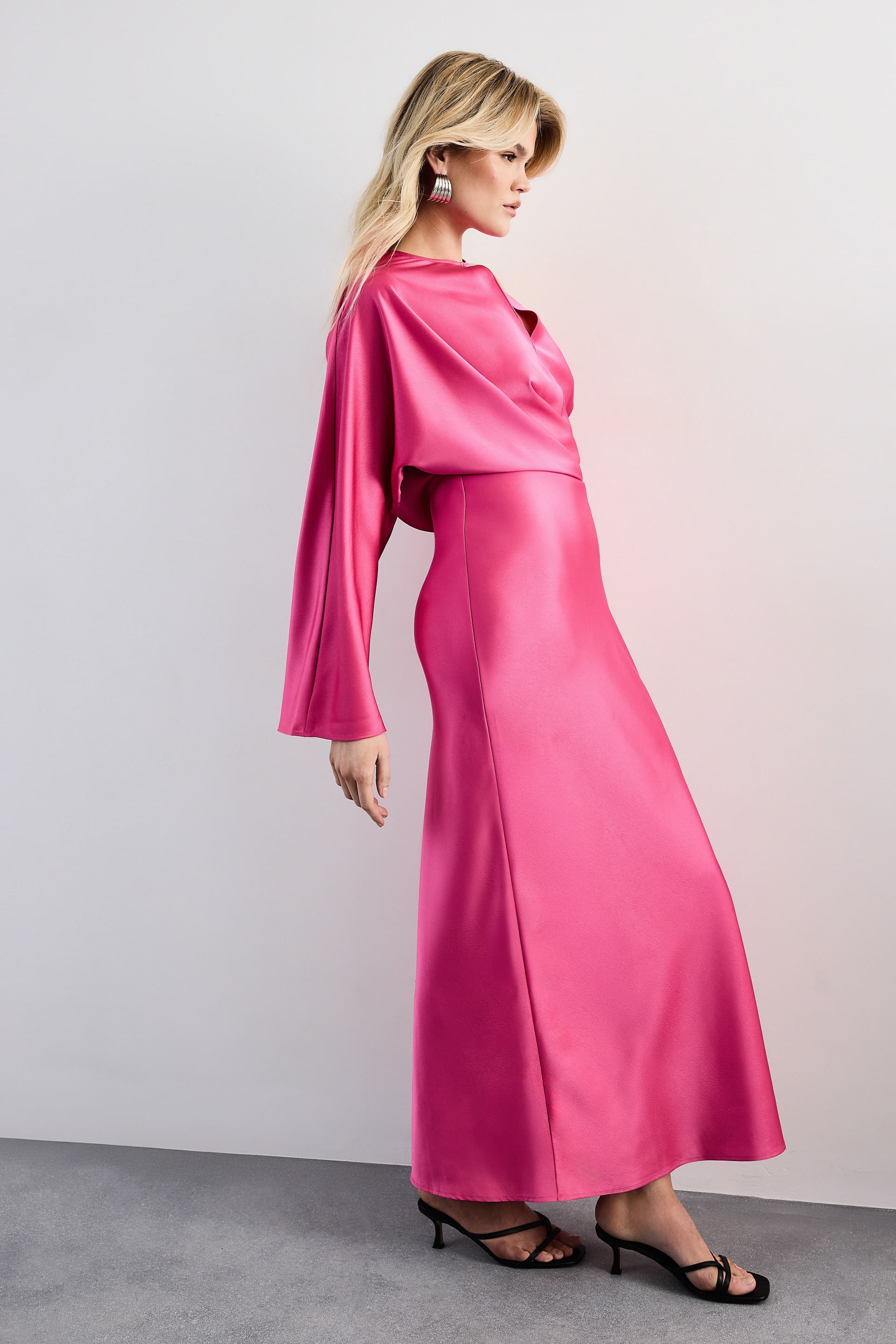 Warehouse Warehouse Women's One Shoulder Twist Front Keyhole Satin Maxi Dress in Pink