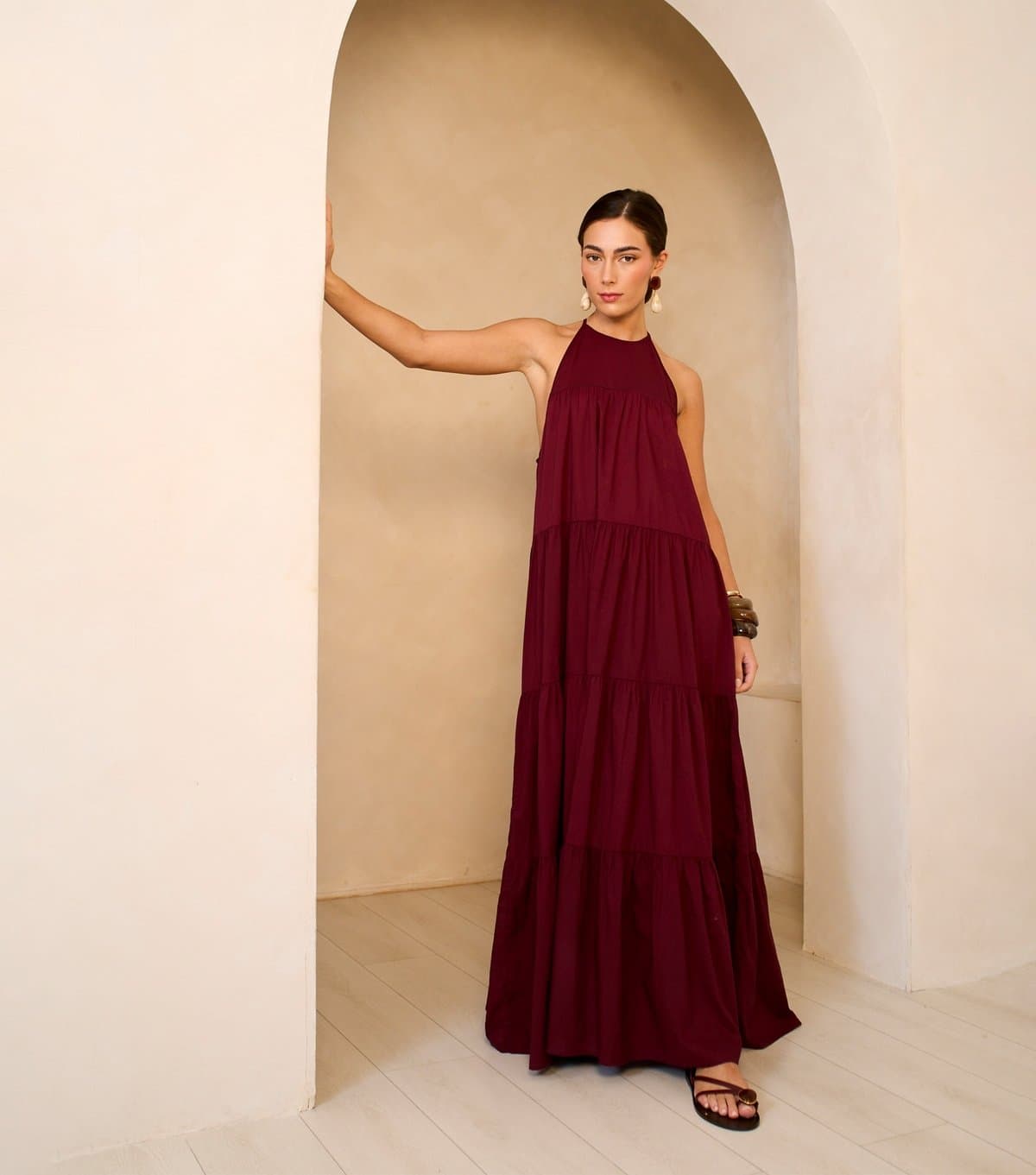 Gini London Women's Burgundy Halter Neck Tiered Maxi Dress Gini London New Look