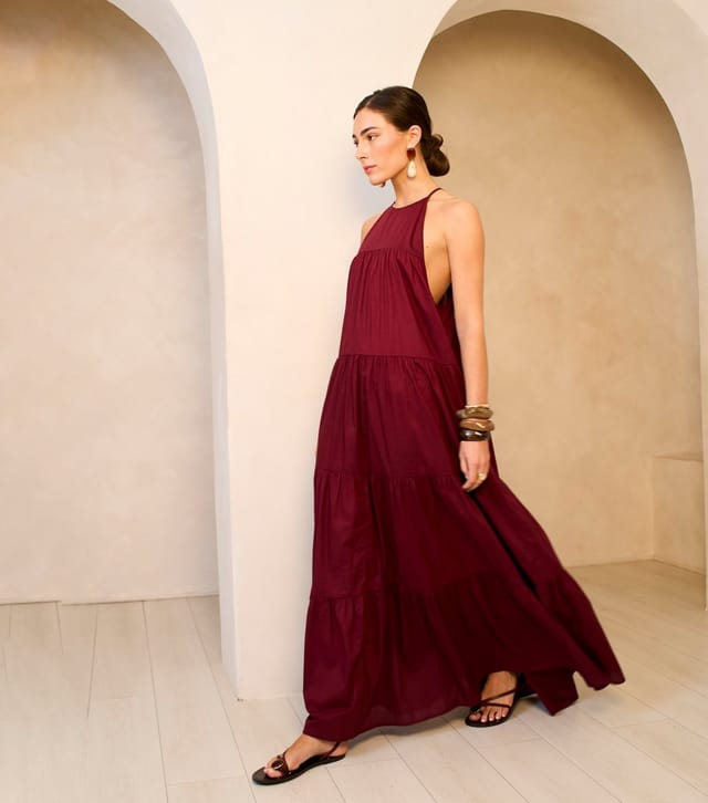 Gini London Women's Burgundy Halter Neck Tiered Maxi Dress Gini London New Look - 2