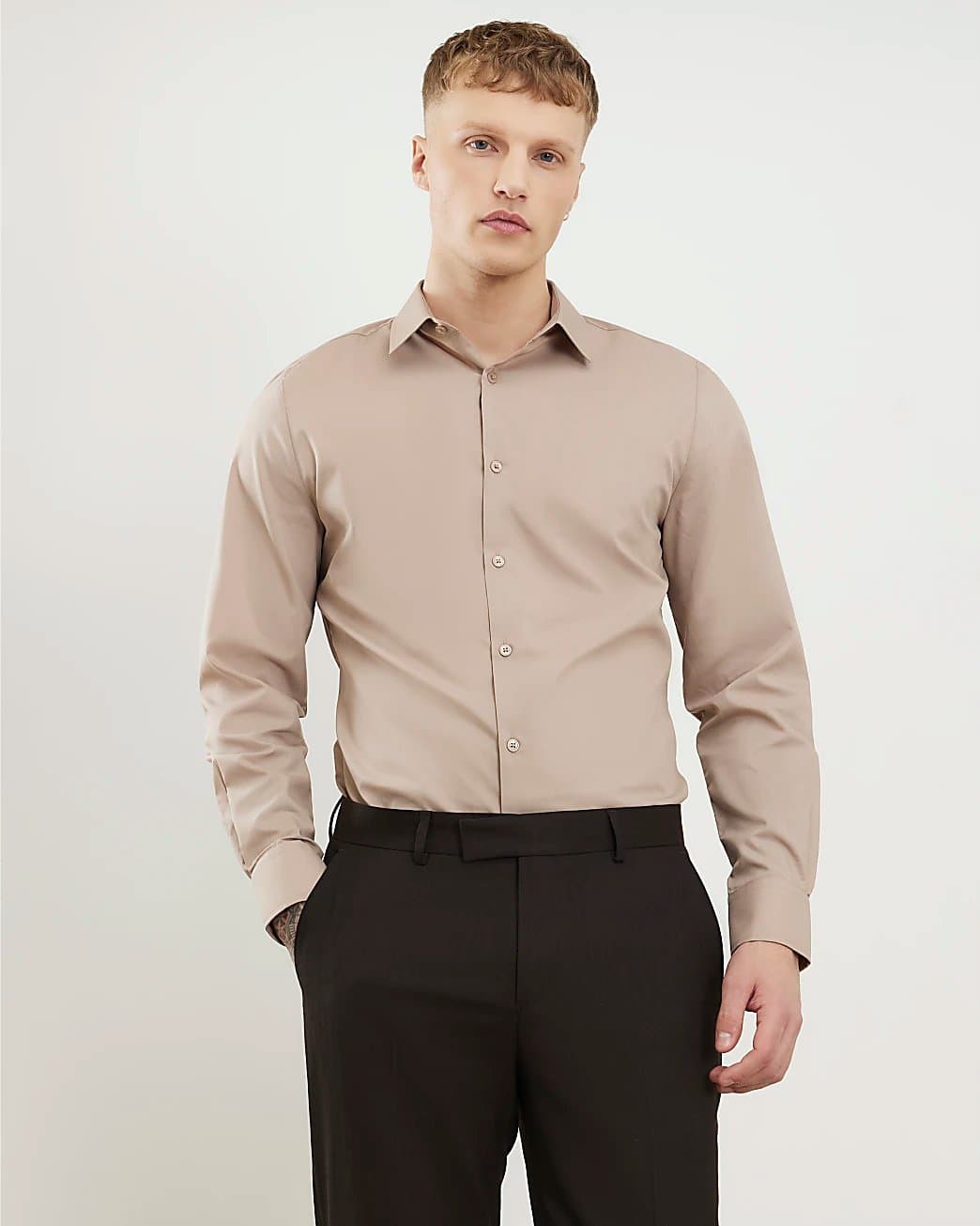River Island Mens River Island Beige Slim Fit Long Sleeve Shirt