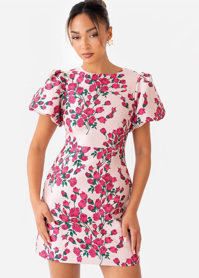 Maya Deluxe Maya Deluxe Women's Floral Short Puff Sleeve Mini Dress in Pink - 2
