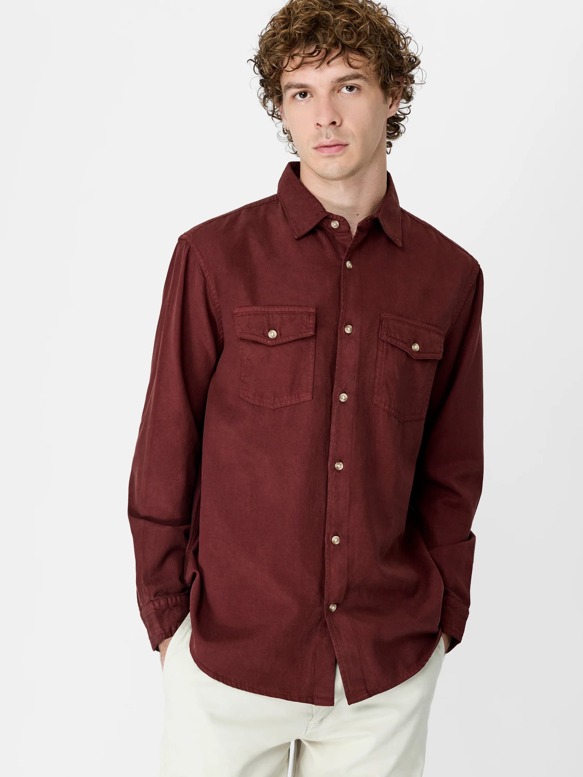 French Connection Burgundy Cotton Tencel Utility Shirt Maroon