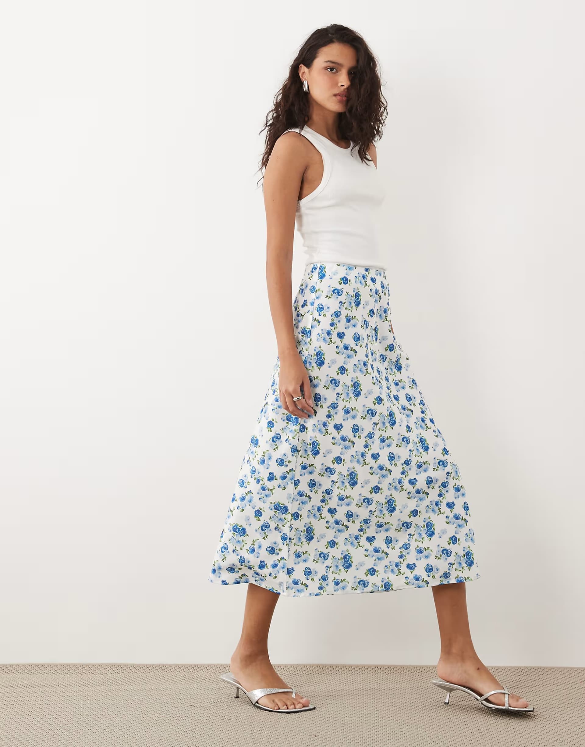 ASOS YAS satin midi skirt in blue ditsy floral print
