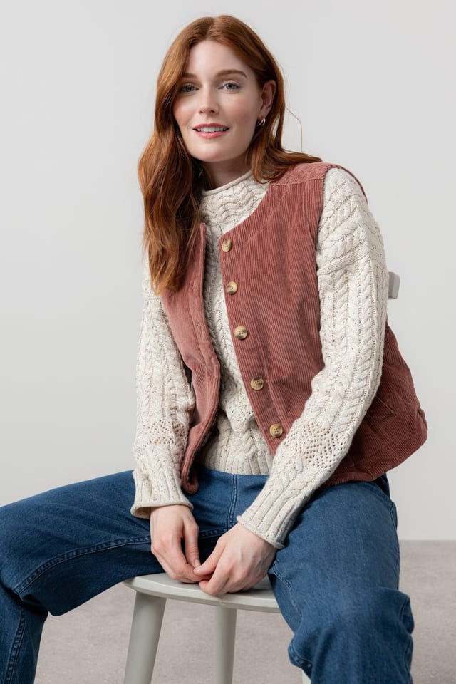 Lily & Me Lily & Me Women's Dusk Stretch Cotton Lined Jumbo Cord Gilet with Mock horn buttons in Dusty Pink - 2