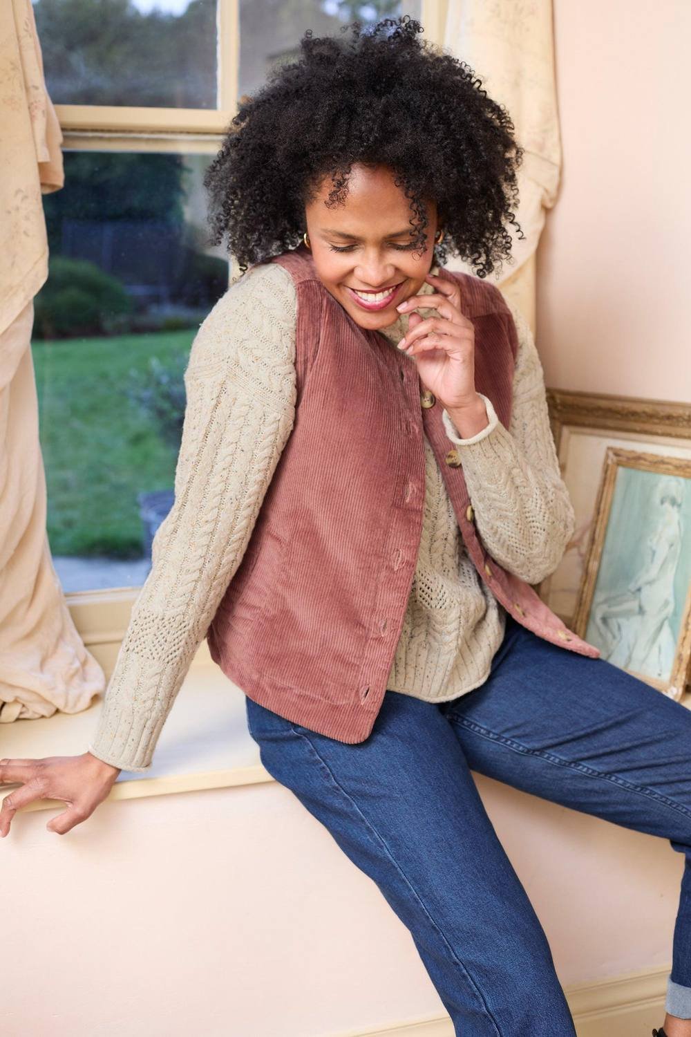 Lily & Me Lily & Me Women's Dusk Stretch Cotton Lined Jumbo Cord Gilet with Mock horn buttons in Dusty Pink - 3