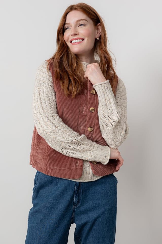 Lily & Me Lily & Me Women's Dusk Stretch Cotton Lined Jumbo Cord Gilet with Mock horn buttons in Dusty Pink - 3