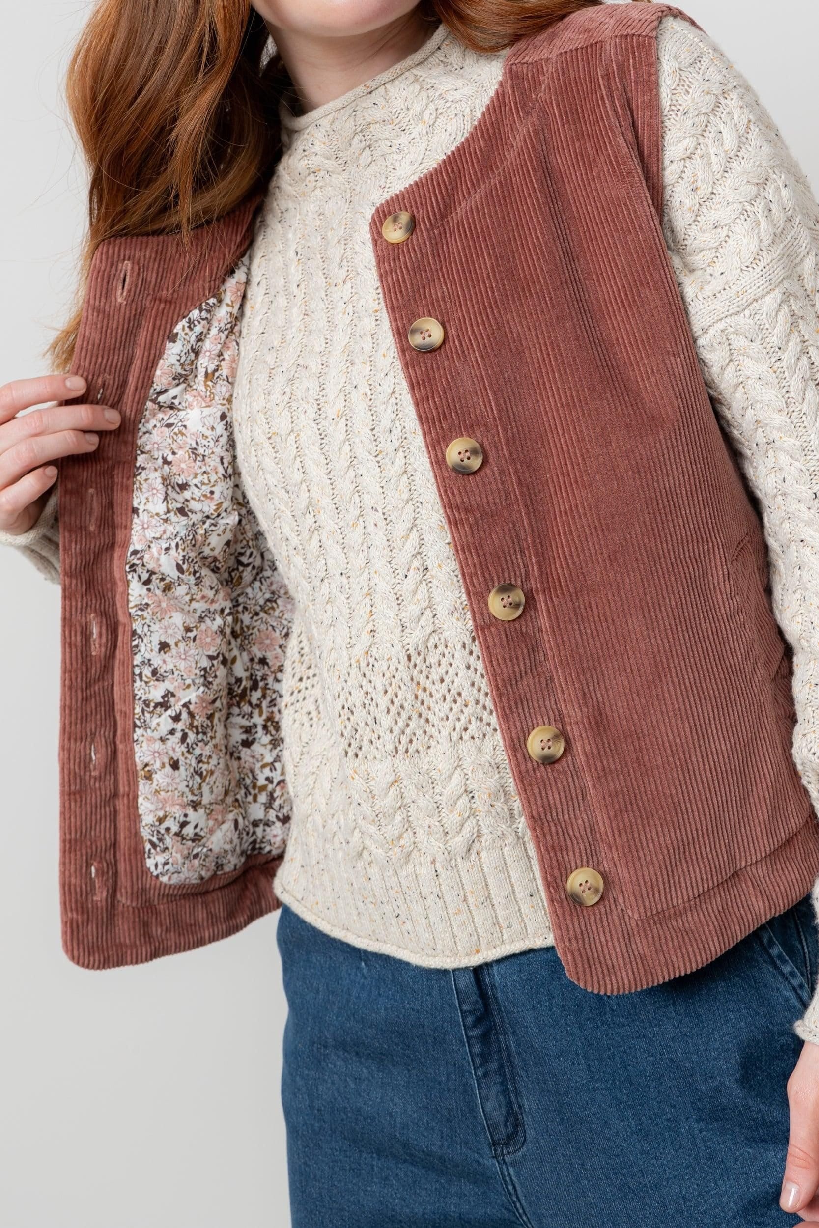 Lily & Me Lily & Me Women's Dusk Stretch Cotton Lined Jumbo Cord Gilet with Mock horn buttons in Dusty Pink - 4