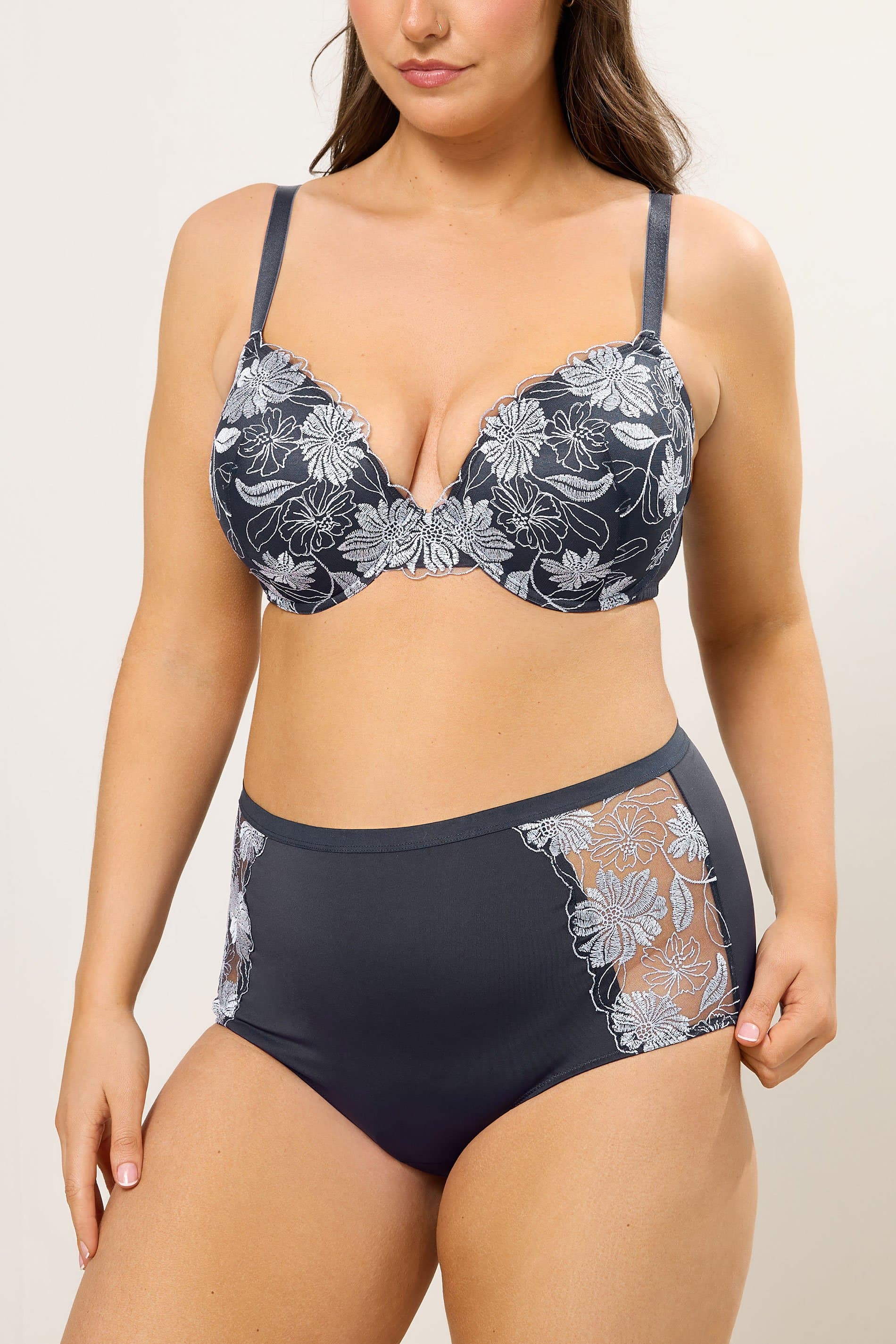 Yours Curve Navy Blue Floral Embroidered Full Briefs