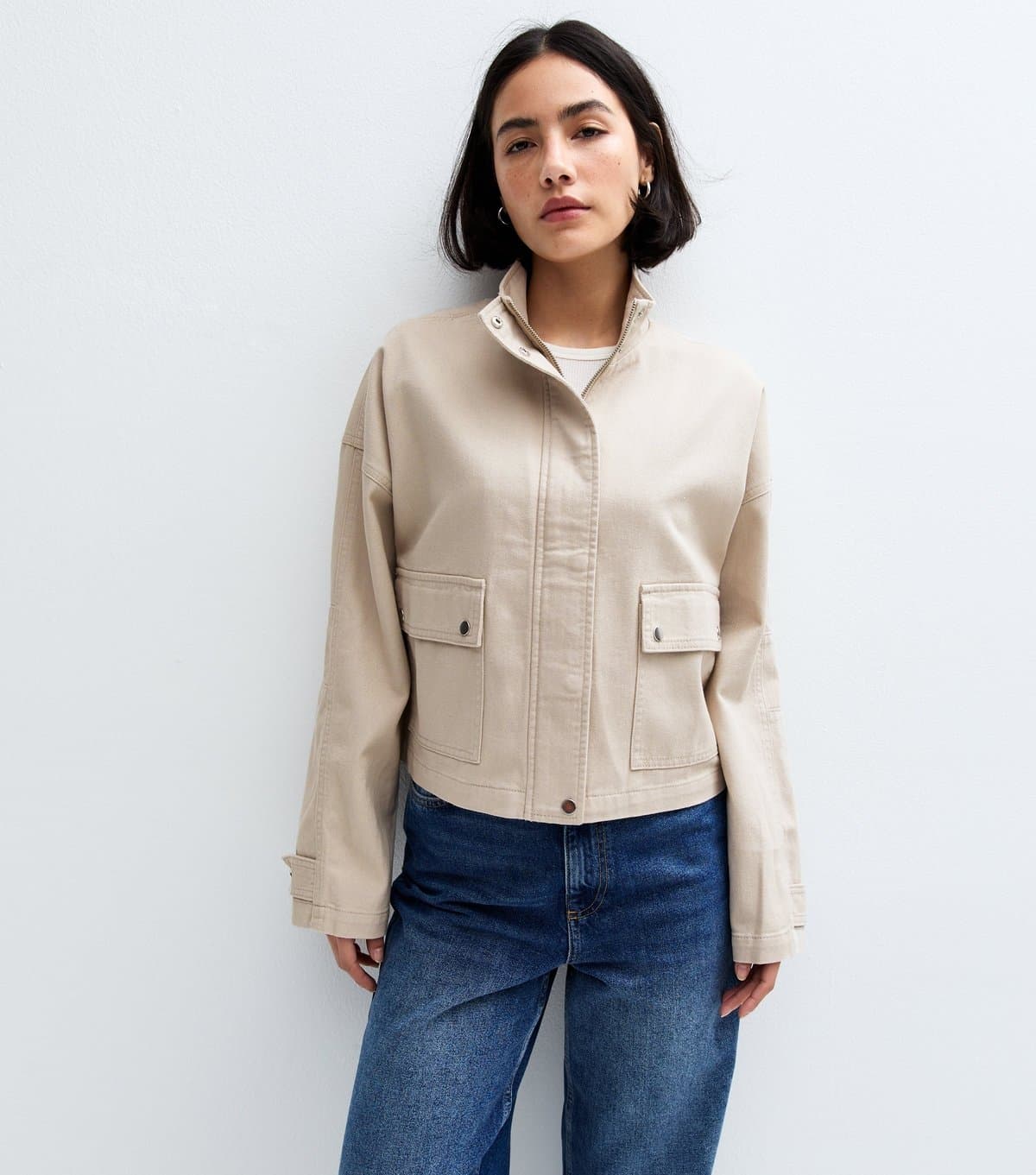 New Look Women's Stone High Neck Cotton Twill Shacket New Look