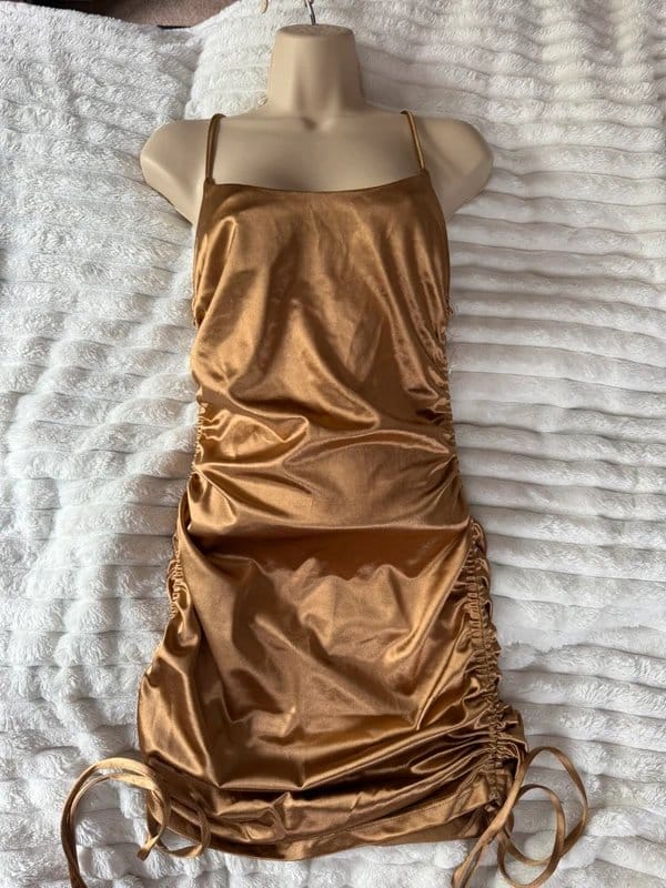 Miss Chic Gold Ruched Satin Mini Dress