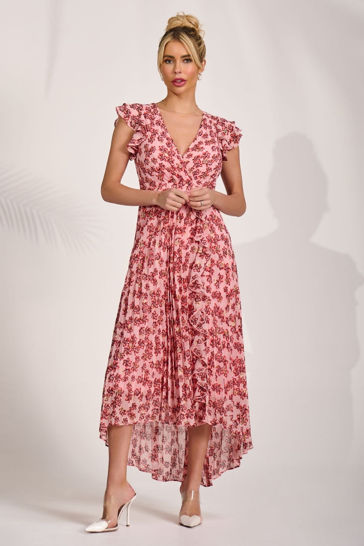 Jolie Moi Jolie Moi Women's Pleated Chiffon Dip Hem Maxi Dress in Pink - 4