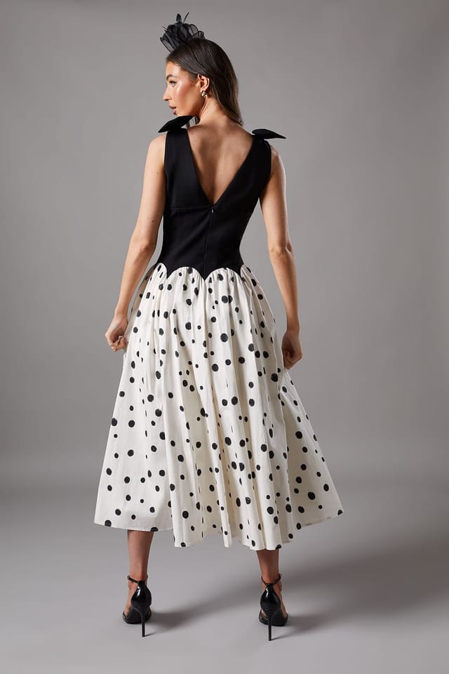 Coast Coast Women's Mono Spot Races Drop Waist Bow Shoulder Midi Dress - 3