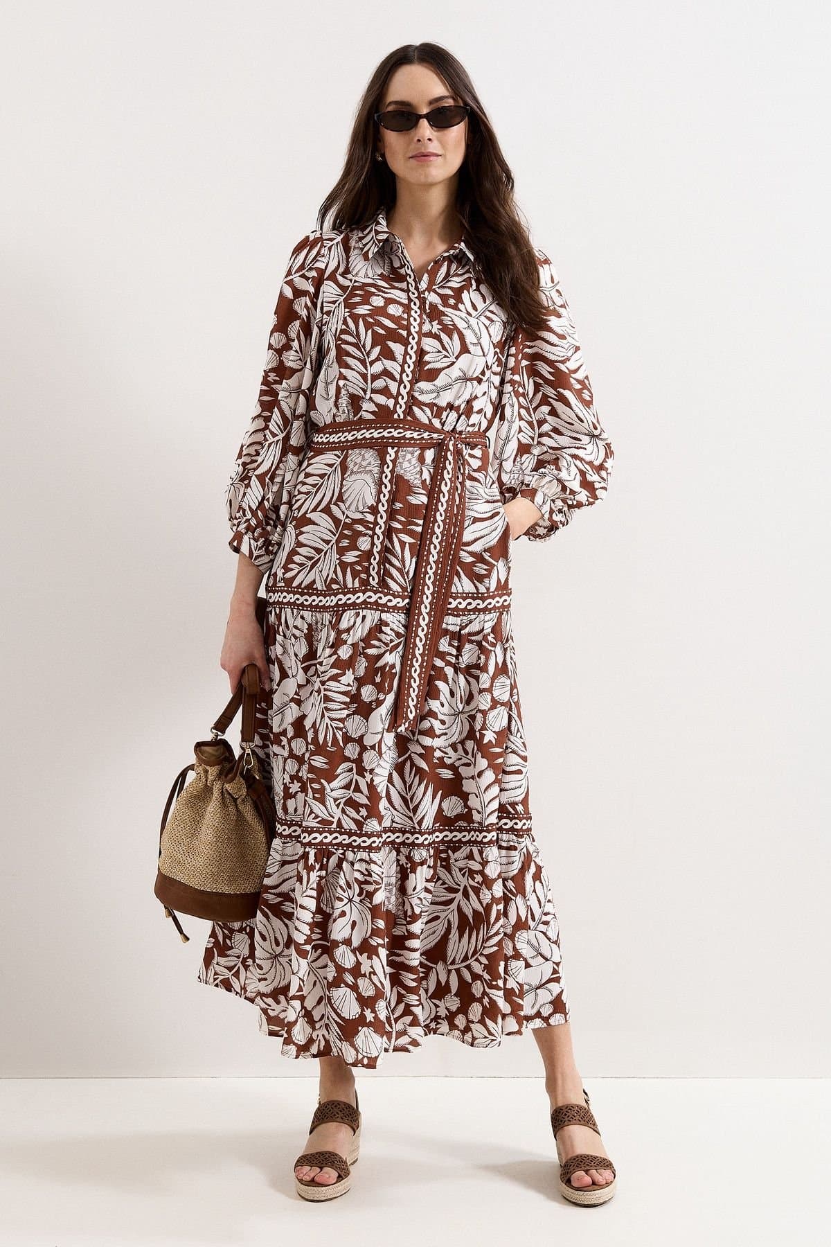 Phase Eight Phase Eight Women's Floral Print Midi Shirt Dress in Chocolate