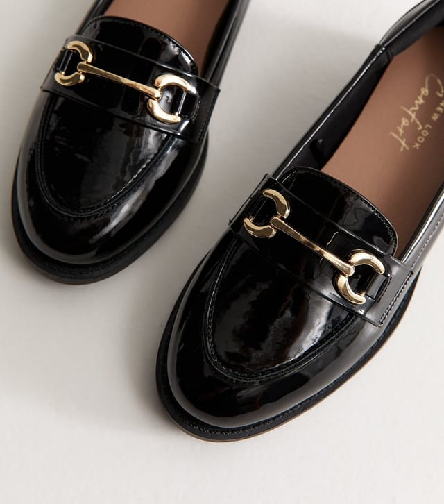 New Look Women's Black Patent Faux Leather Horsebit Loafers Vegan New Look - 3